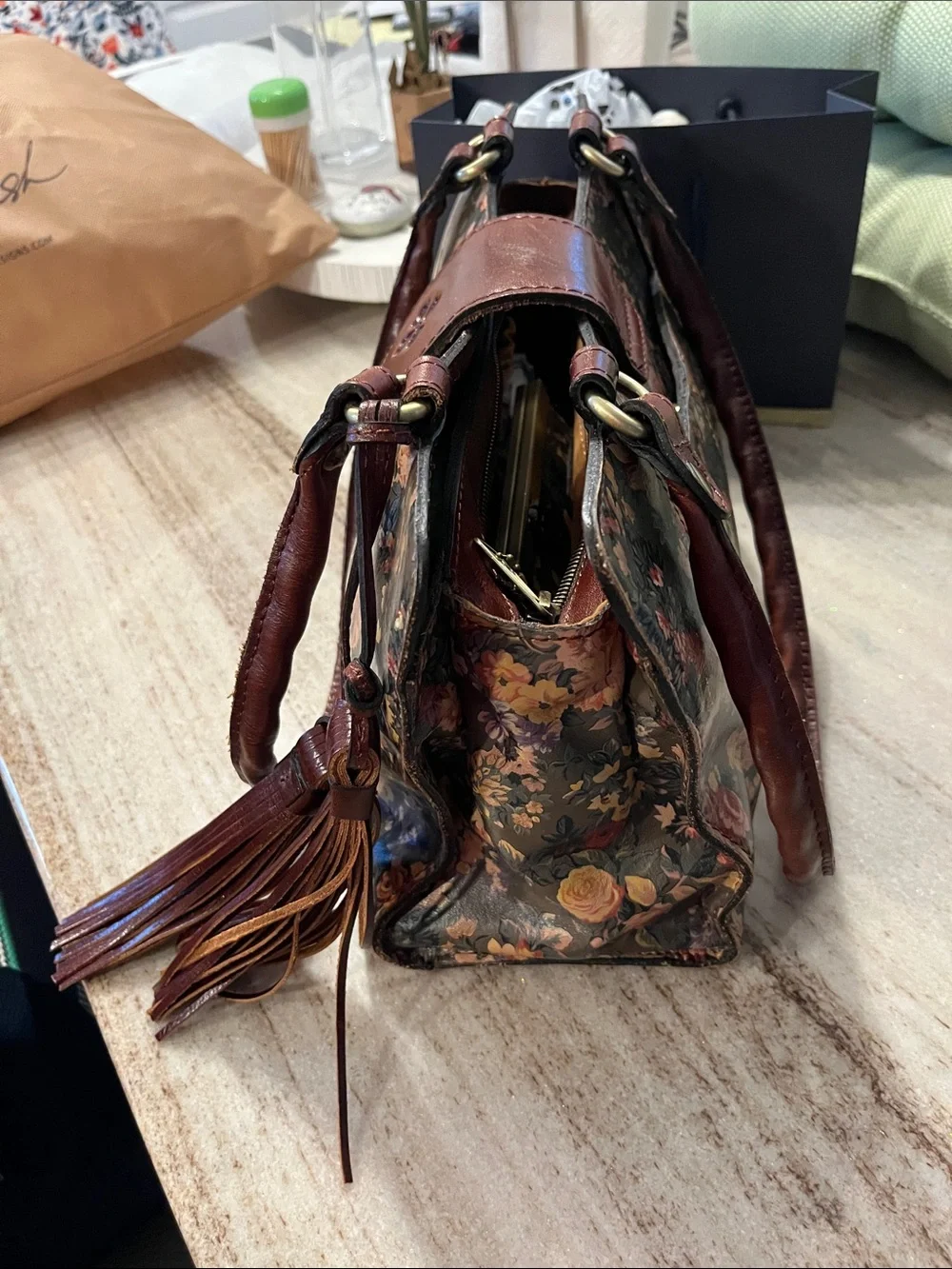 Patricia Nash Floral Print Shoulder Satchel in Brown with Tassel Accent w/wallet